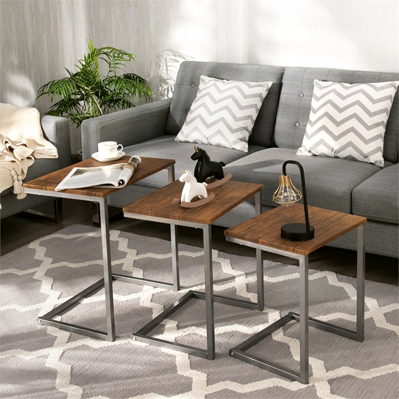 Costway 3-piece Contemporary MDF and Steel Coffee Table Set in Brown