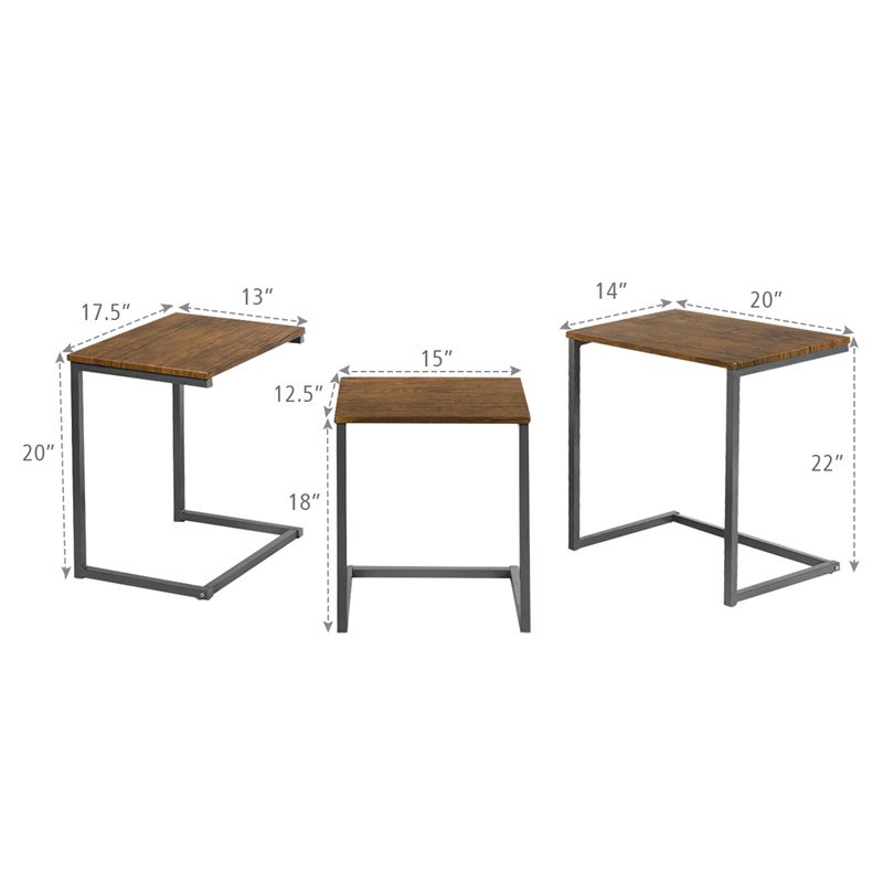 Costway 3-piece Contemporary MDF and Steel Coffee Table Set in Brown