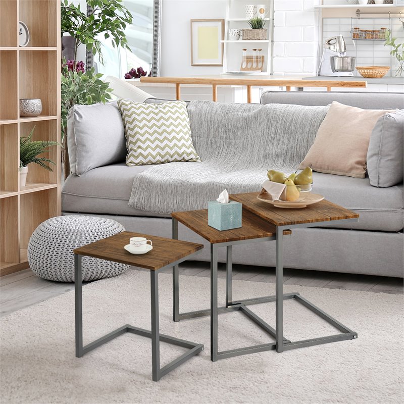 Costway 3-piece Contemporary MDF and Steel Coffee Table Set in Brown