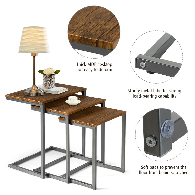 Costway 3-piece Contemporary MDF and Steel Coffee Table Set in Brown