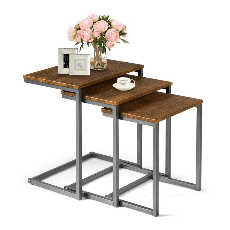 Costway 3-piece Contemporary MDF and Steel Coffee Table Set in Brown