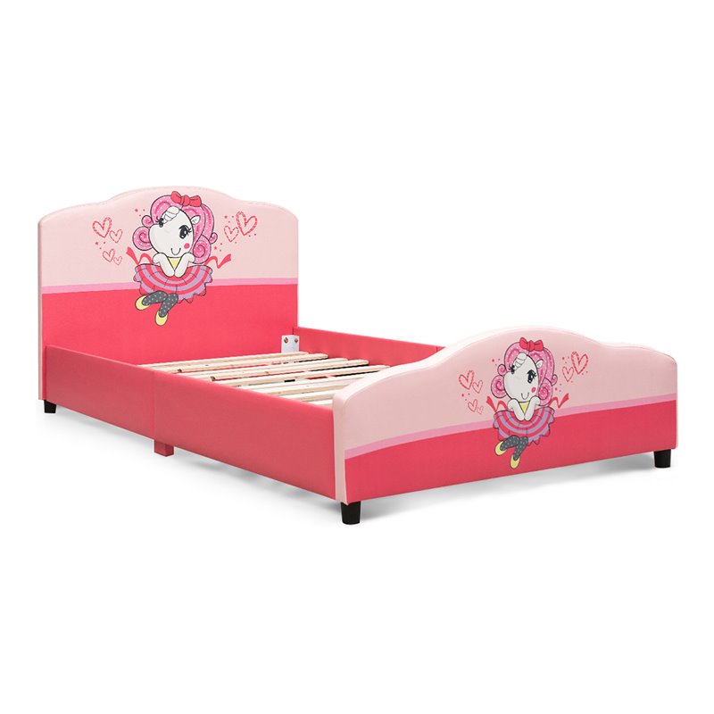 Costway Wood and Sponge Upholstered Platform Kids Toddler Bed For Girls in Pink