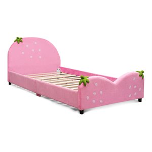 costway mdf & velvet upholstered platform kids toddler bed with 13 ribs in pink