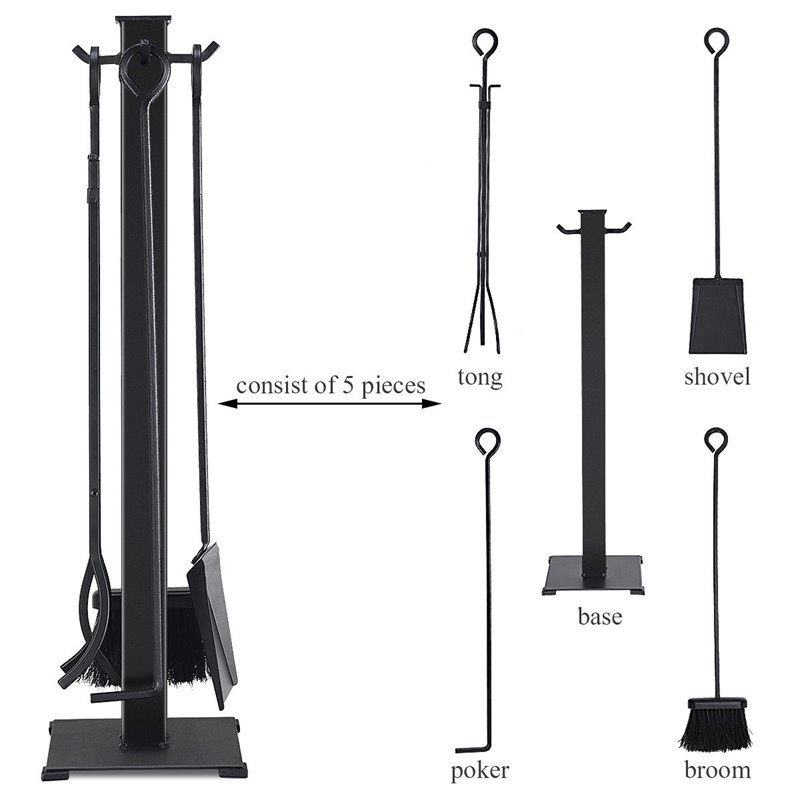 Costway 5-piece Contemporary Solid Steel Fireplace Tool Set in Black
