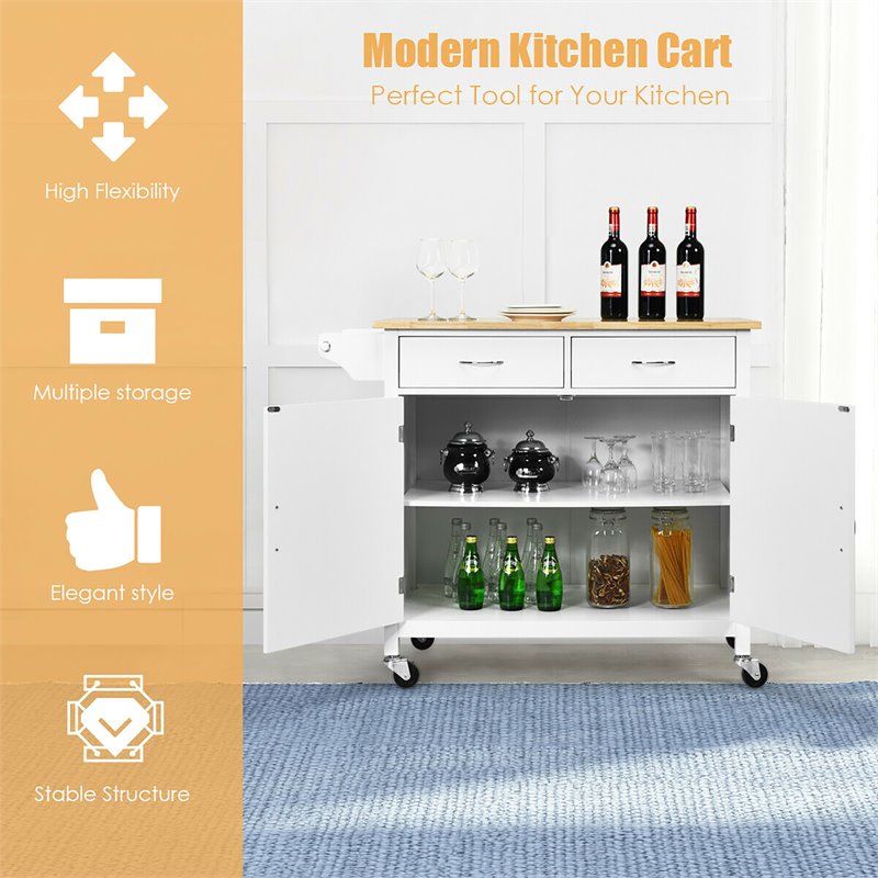 Costway MDF Pine and Rubber Wood Rolling Kitchen Island Cart in White