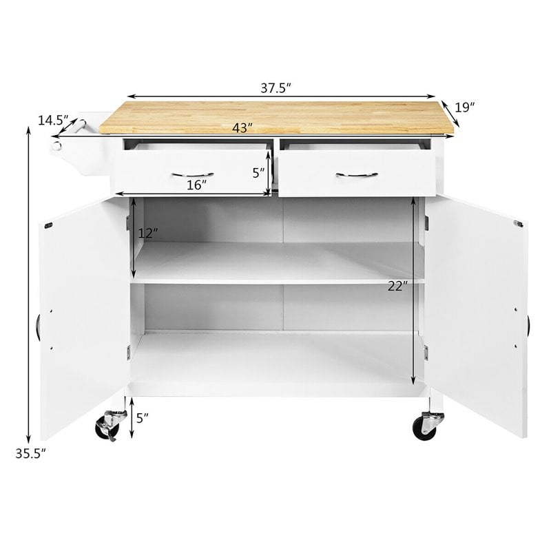 Costway MDF Pine and Rubber Wood Rolling Kitchen Island Cart in White