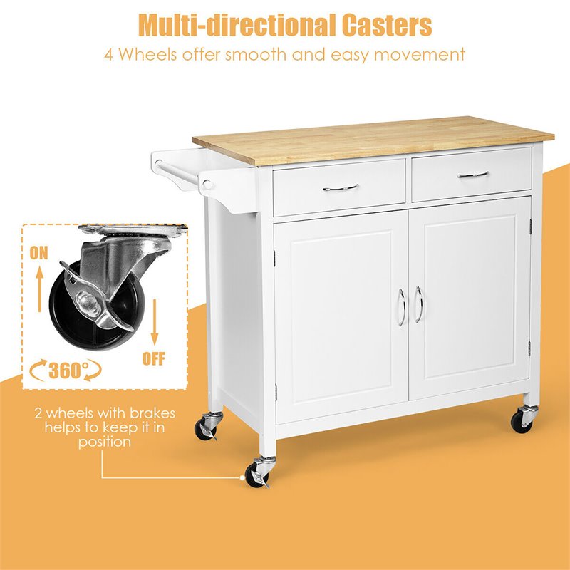 Costway MDF Pine and Rubber Wood Rolling Kitchen Island Cart in White