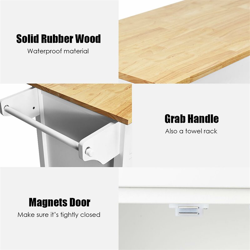 Costway MDF Pine and Rubber Wood Rolling Kitchen Island Cart in White