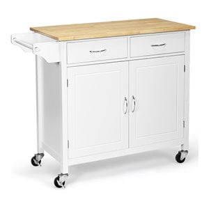 costway mdf pine and rubber wood rolling kitchen island cart in white