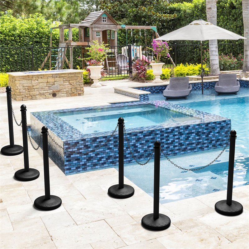 Costway Plastic Stanchions with 5 C-Hooks Chains in Black (Set of 6)