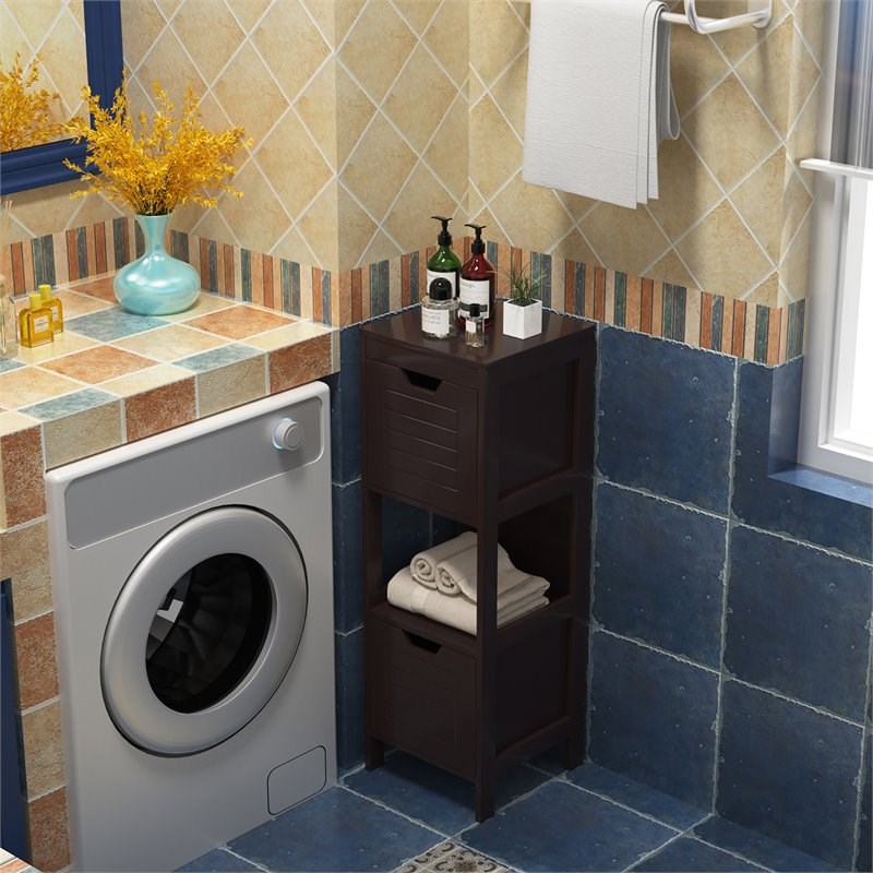 Costway Contemporary P2 MDF and NC Paint Floor Cabinet with 2 Drawers in Brown