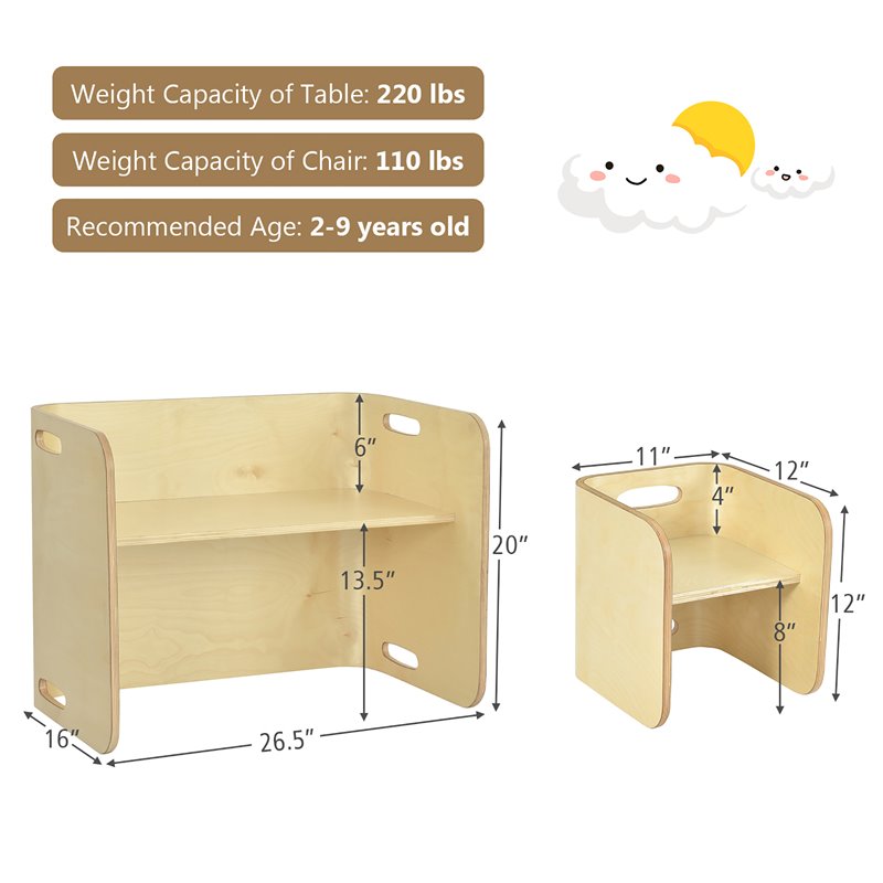 Costway 3-piece Contemporary Birch Wood Kids Table & Chair Set in Natural