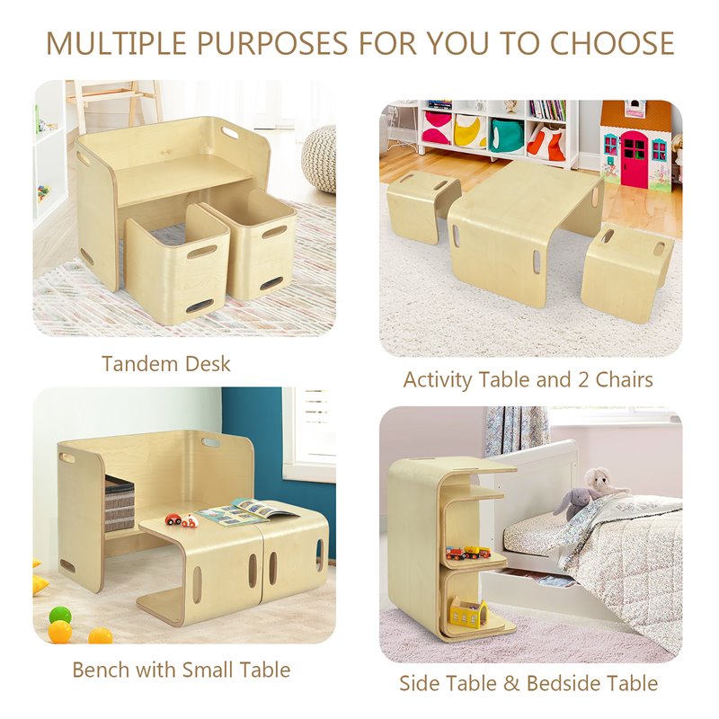 Costway 3-piece Contemporary Birch Wood Kids Table & Chair Set in Natural