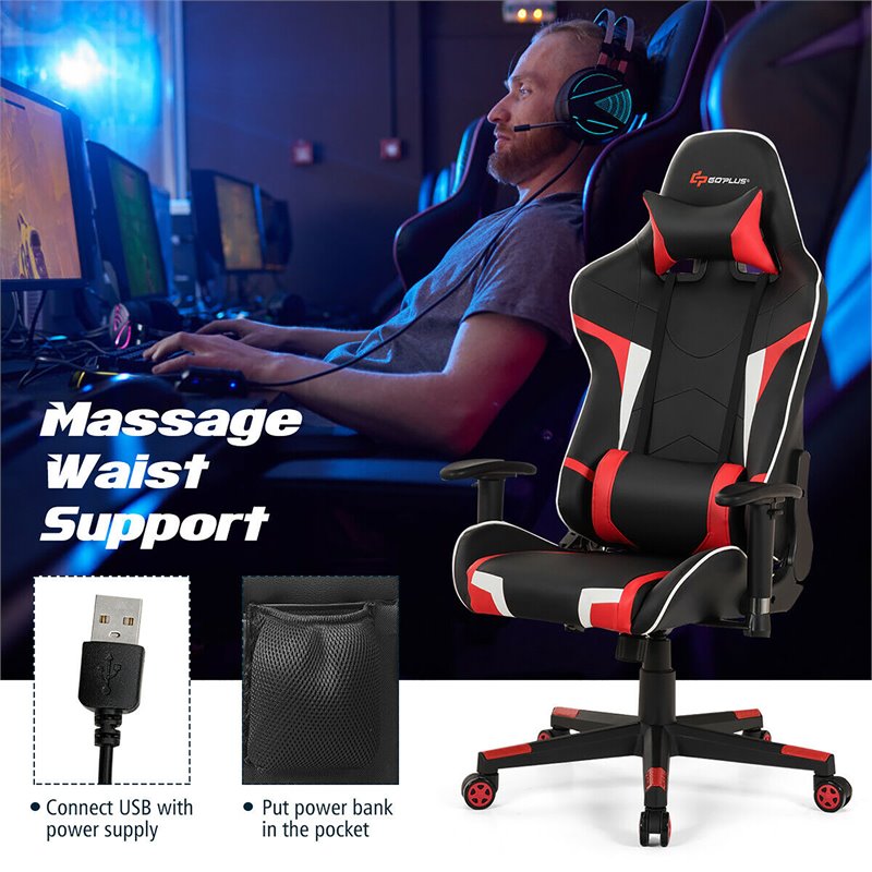 Costway Sponge and Metal Swivel Massage Gaming Chair with Lumbar Support in Red