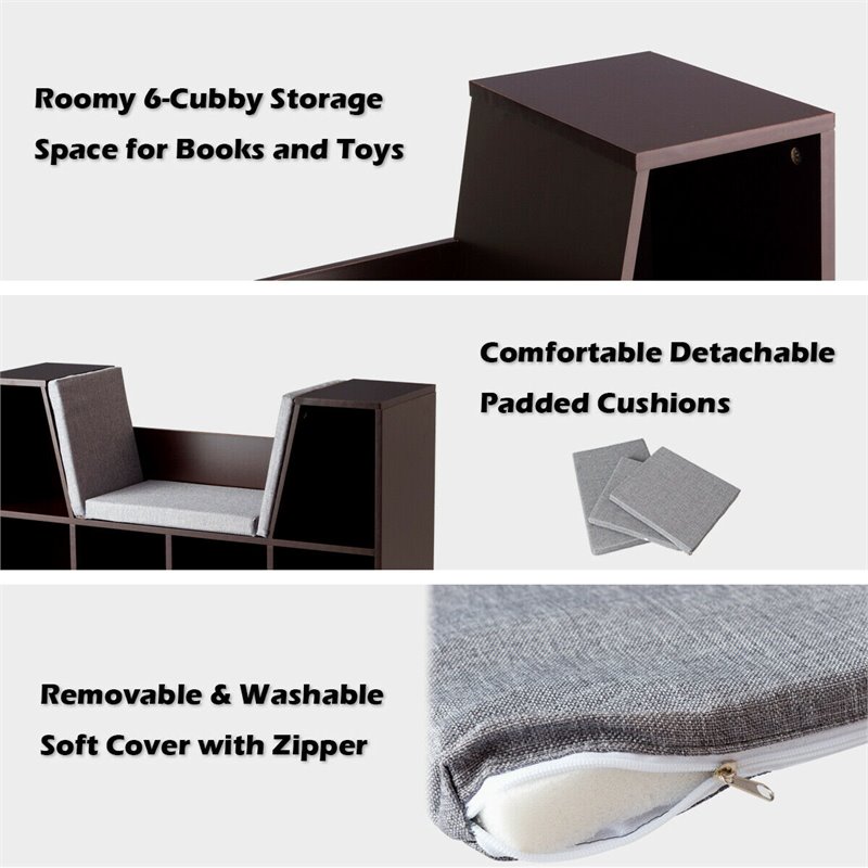 Costway Particle Board Multi-Purpose Kid Bookcase with 6 Cubby in Brown