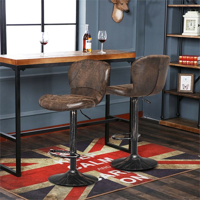 Costway Metal Swivel Bar Stool with Backrest & Footrest in Brown (Set of 2)