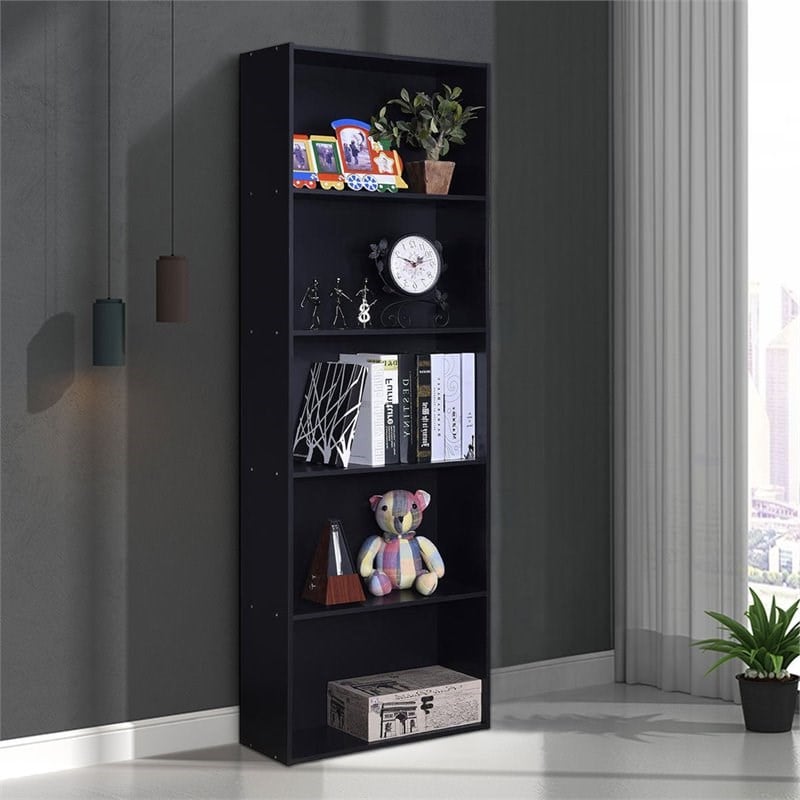 Costway 5-Shelf MDF Veneer Multi-Functional Storage Bookcase in Black