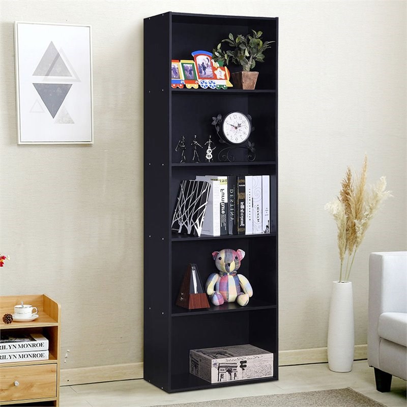 Costway 5-Shelf MDF Veneer Multi-Functional Storage Bookcase in Black