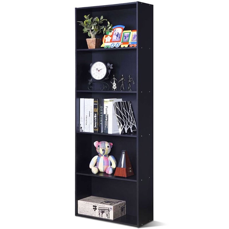 Costway 5-Shelf MDF Veneer Multi-Functional Storage Bookcase in Black