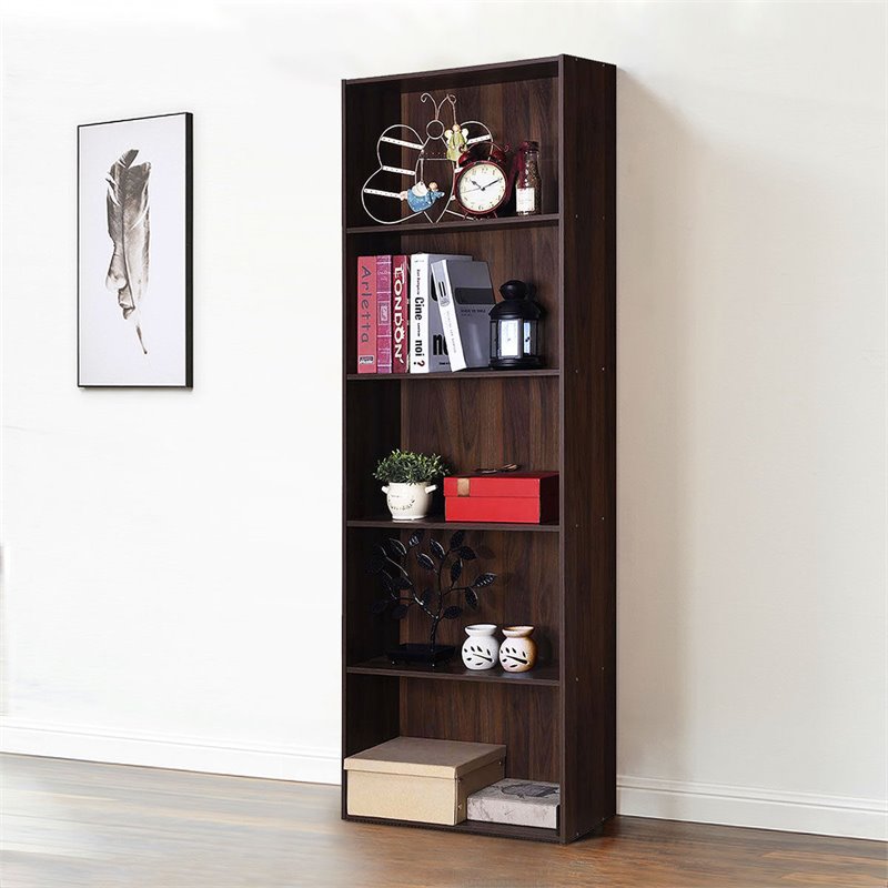 Costway 5-Shelf MDF Veneer Multi-Functional Storage Bookcase in Walnut