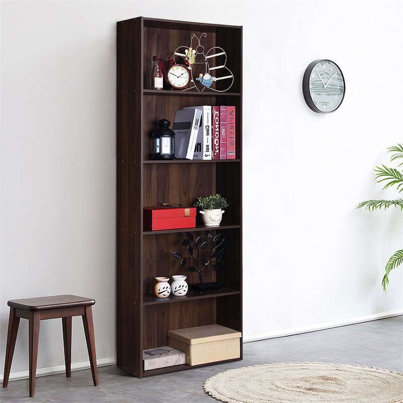 Costway 5-Shelf MDF Veneer Multi-Functional Storage Bookcase in Walnut