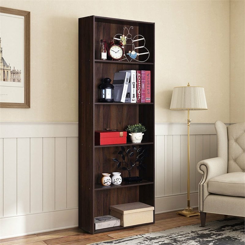 Costway 5-Shelf MDF Veneer Multi-Functional Storage Bookcase in Walnut