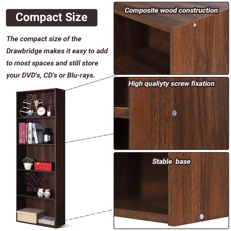 Costway 5-Shelf MDF Veneer Multi-Functional Storage Bookcase in Walnut