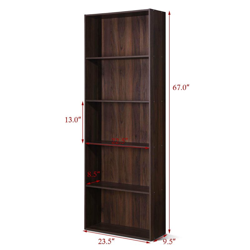 Costway 5-Shelf MDF Veneer Multi-Functional Storage Bookcase in Walnut
