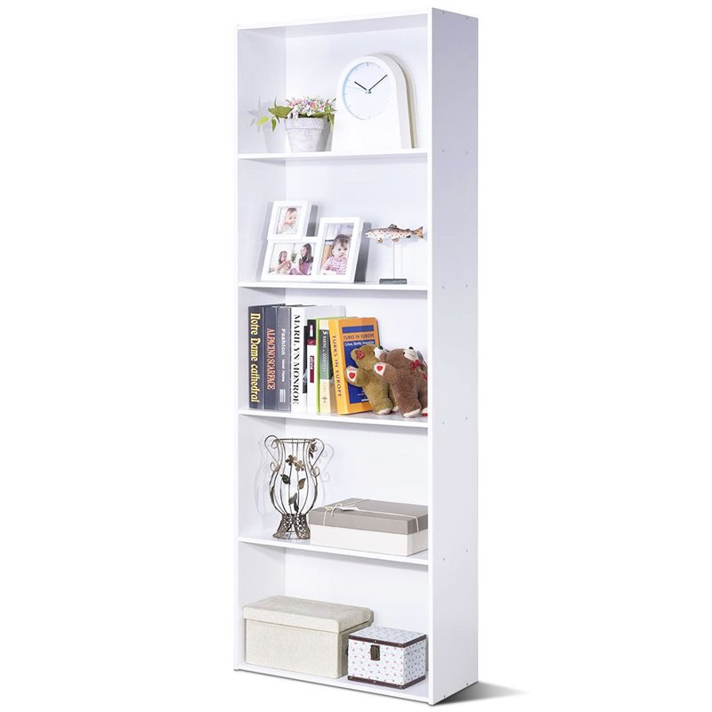 Costway 5-Shelf MDF Veneer Multi-Functional Storage Bookcase in White
