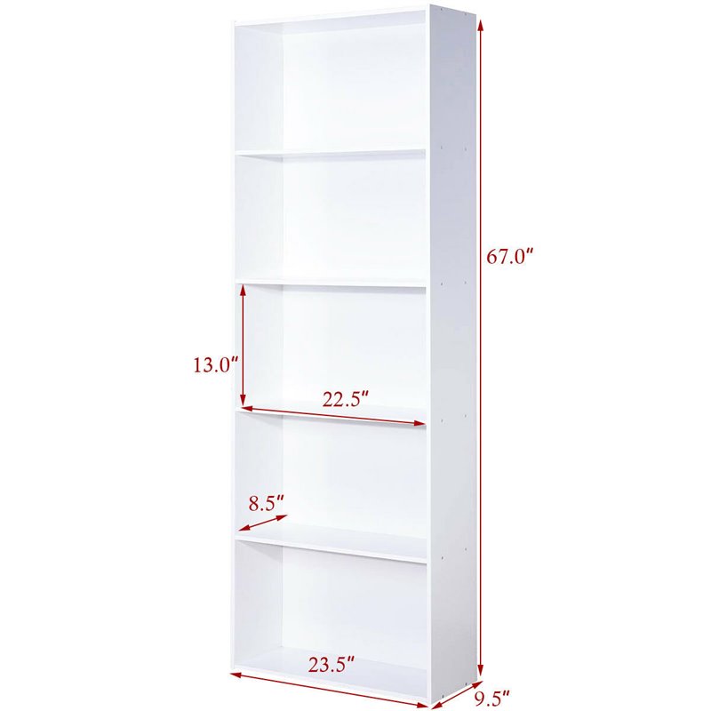 Costway 5-Shelf MDF Veneer Multi-Functional Storage Bookcase in White