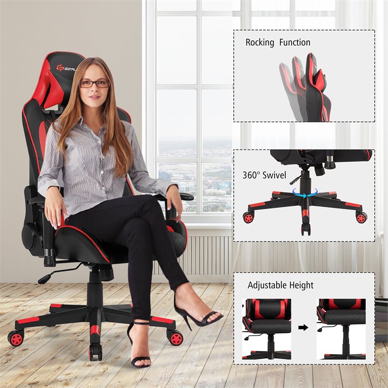 Costway PU Metal Massage Gaming Chair with Lumbar Support & Headrest in Red