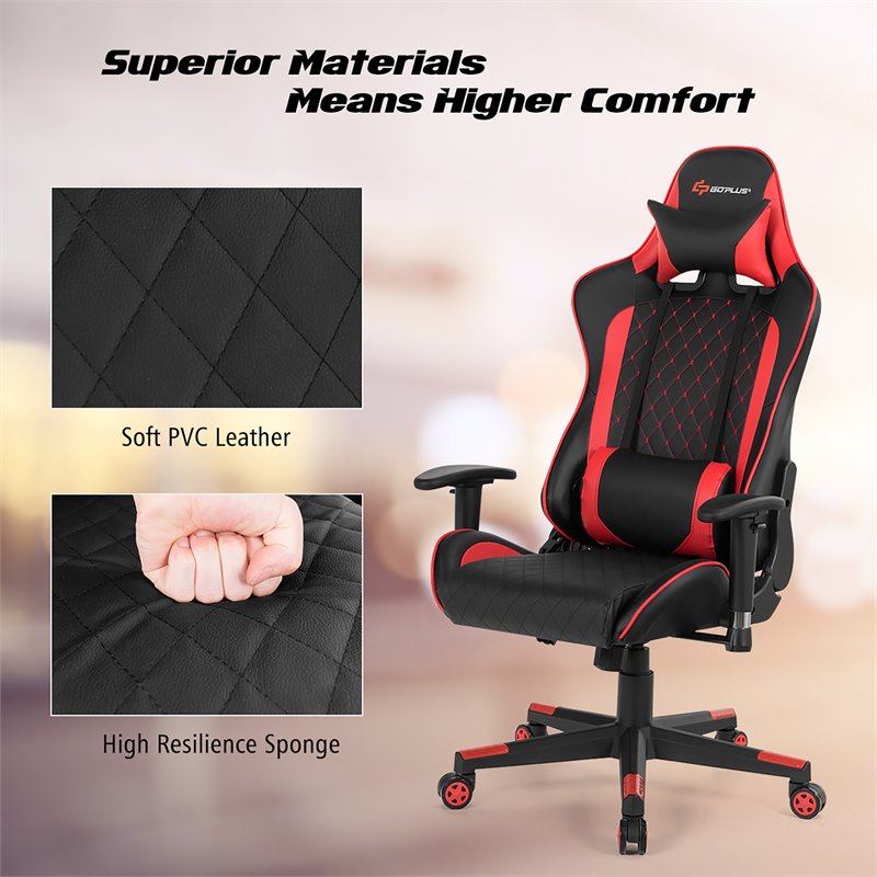 Costway PU Metal Massage Gaming Chair with Lumbar Support & Headrest in Red