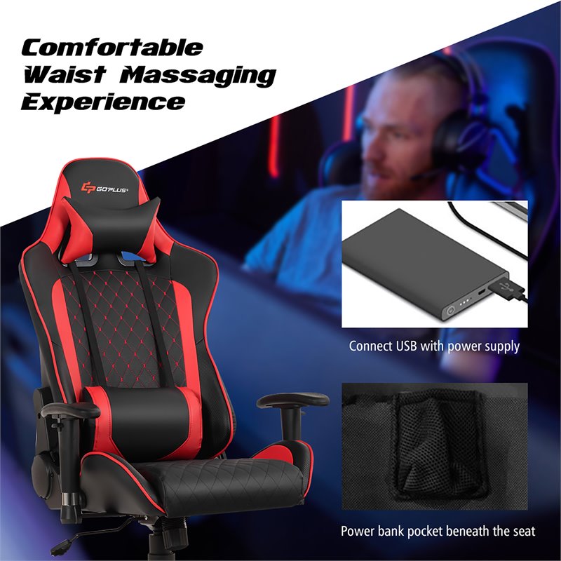Costway PU Metal Massage Gaming Chair with Lumbar Support & Headrest in Red