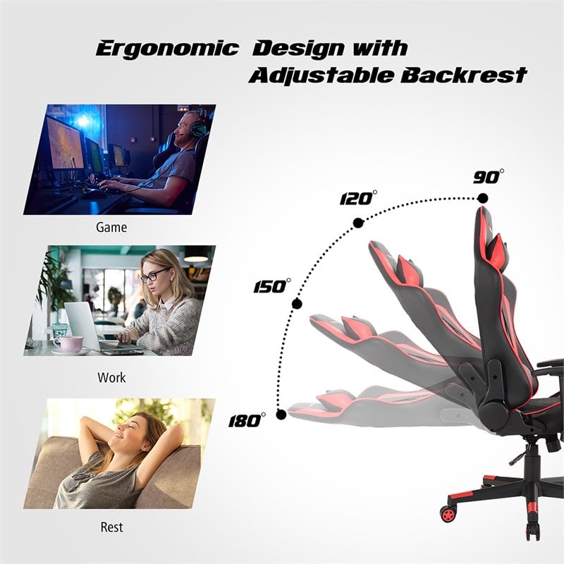 Costway PU Metal Massage Gaming Chair with Lumbar Support & Headrest in Red
