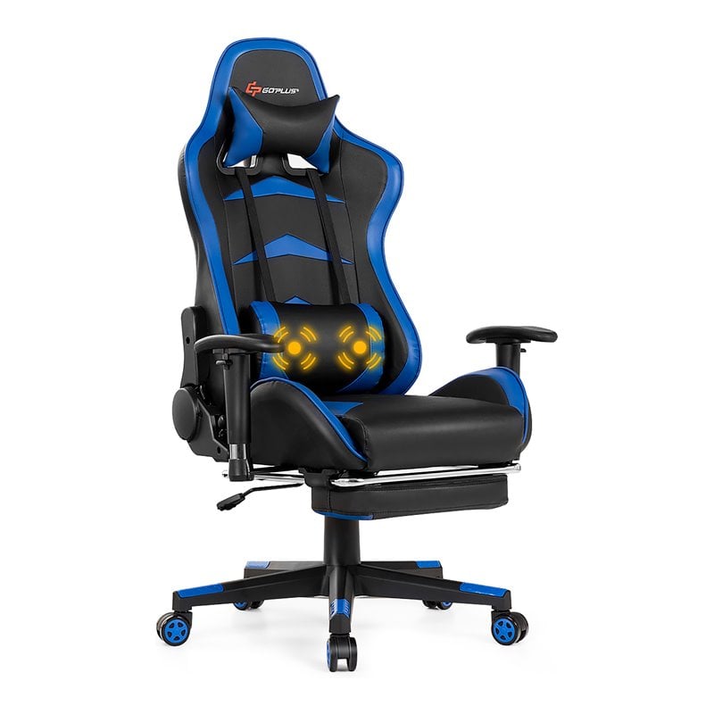 Costway PU and Metal Swivel Massage Gaming Chair with Footrest in Blue