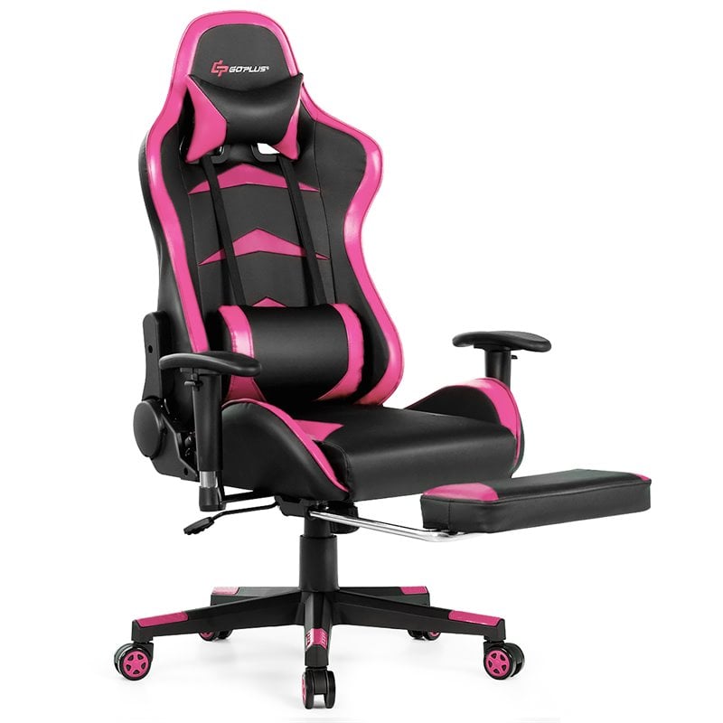 Costway Sponge and Metal Swivel Massage Gaming Chair with Footrest in Pink