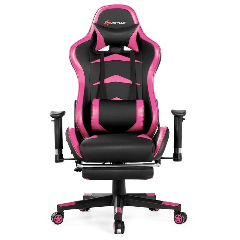 Costway Sponge and Metal Swivel Massage Gaming Chair with Footrest in Pink