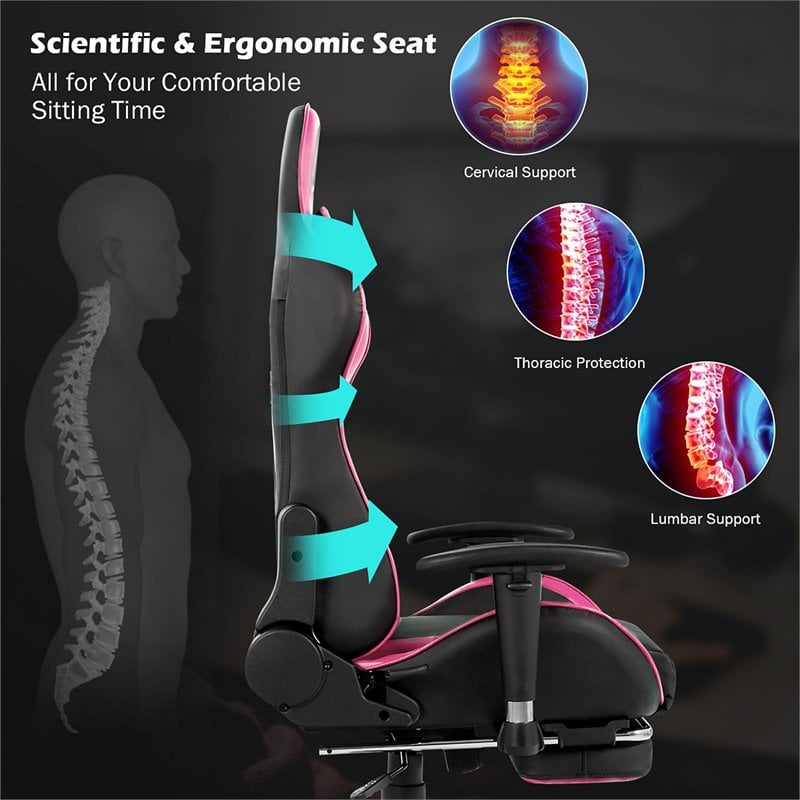Costway Sponge and Metal Swivel Massage Gaming Chair with Footrest in Pink