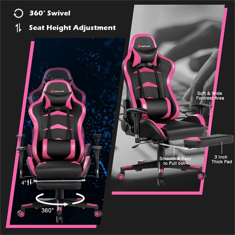 Costway Sponge and Metal Swivel Massage Gaming Chair with Footrest in Pink