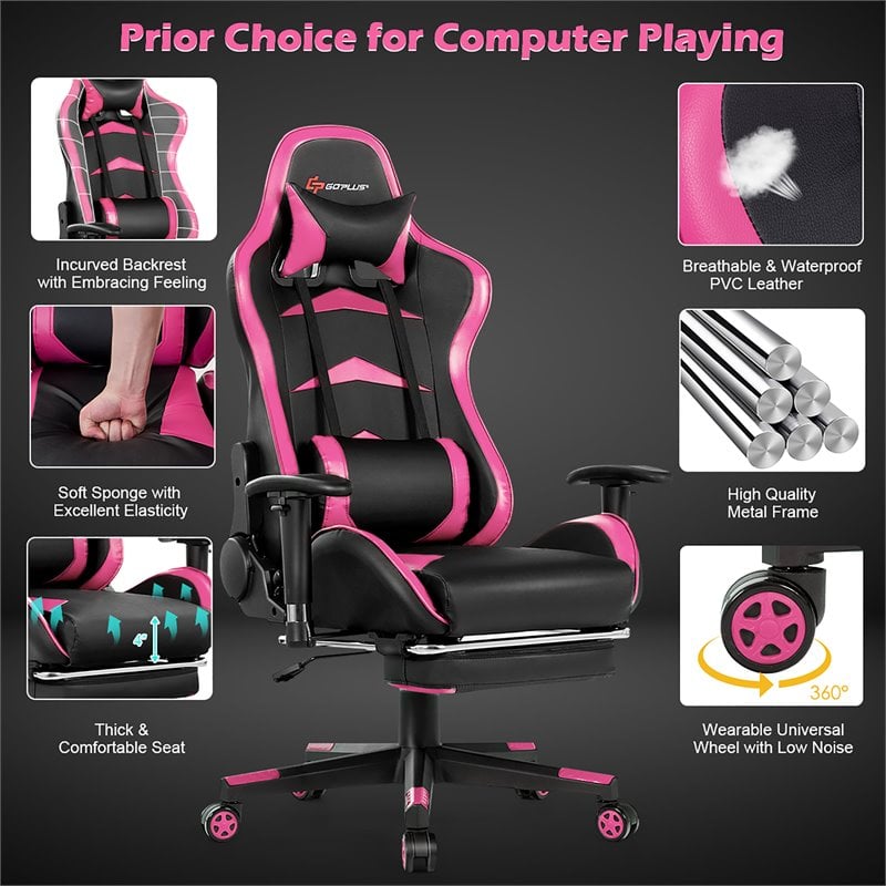 Costway Sponge and Metal Swivel Massage Gaming Chair with Footrest in Pink