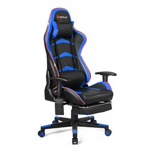 Costway PU Metal Massage LED Gaming Chair w/ Lumbar Support & Footrest in Blue