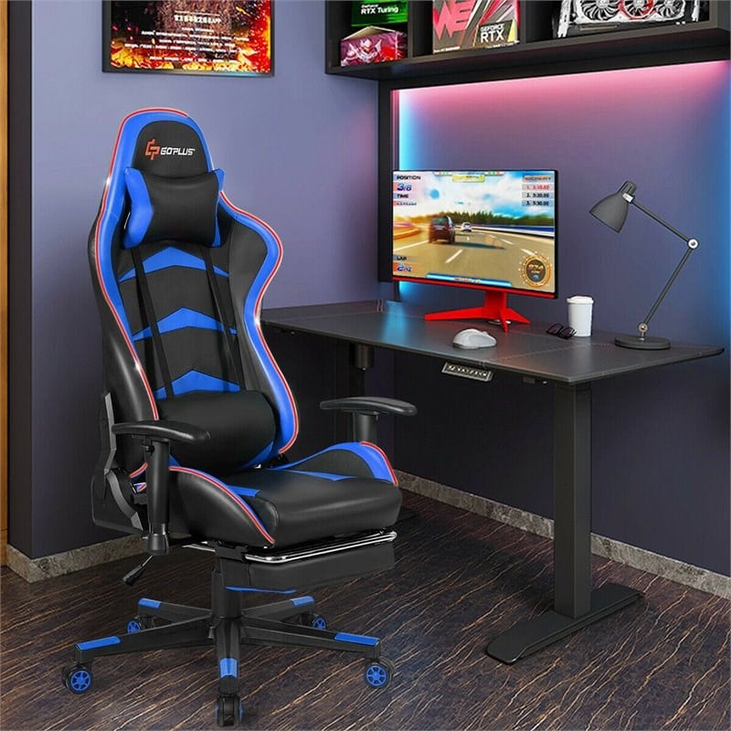 Costway PU Metal Massage LED Gaming Chair w/ Lumbar Support & Footrest in Blue