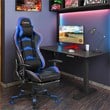 Costway PU Metal Massage LED Gaming Chair w/ Lumbar Support & Footrest in Blue