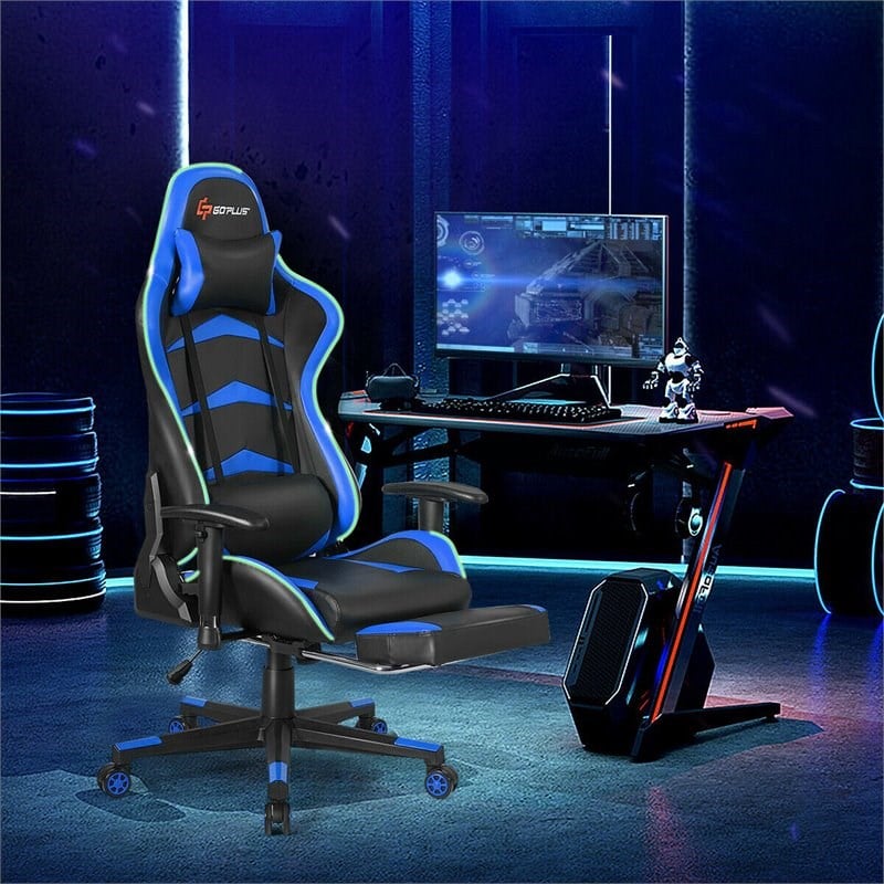Costway PU Metal Massage LED Gaming Chair w/ Lumbar Support & Footrest in Blue