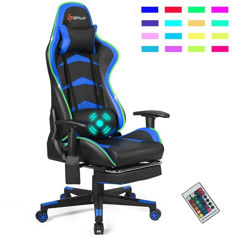 Costway PU Metal Massage LED Gaming Chair w/ Lumbar Support & Footrest in Blue