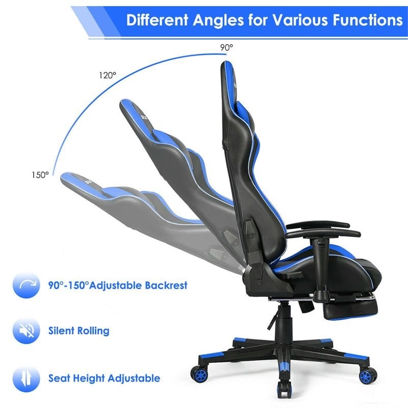 Costway PU Metal Massage LED Gaming Chair w/ Lumbar Support & Footrest in Blue