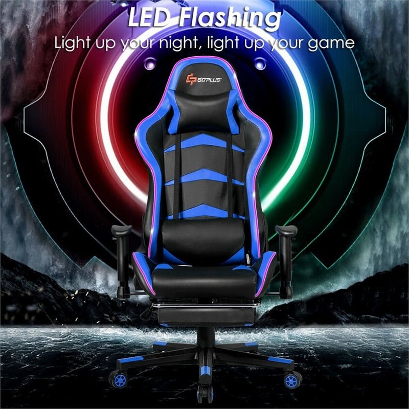 Costway PU Metal Massage LED Gaming Chair w/ Lumbar Support & Footrest in Blue