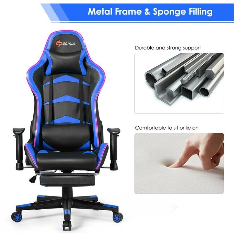 Costway PU Metal Massage LED Gaming Chair w/ Lumbar Support & Footrest in Blue