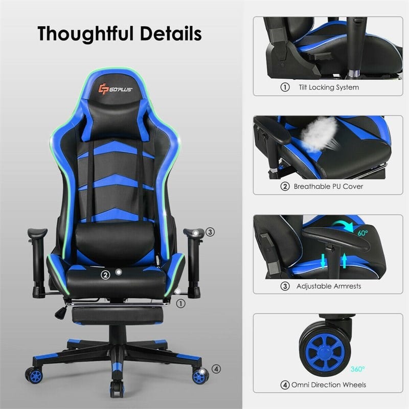Costway PU Metal Massage LED Gaming Chair w/ Lumbar Support & Footrest in Blue