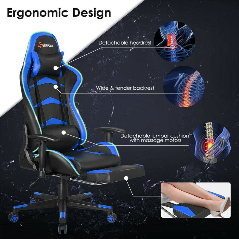 Costway PU Metal Massage LED Gaming Chair w/ Lumbar Support & Footrest ...